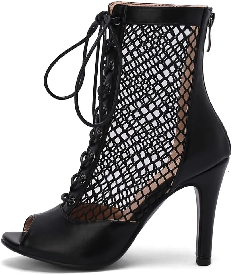 FENIKUSU Women's Ballroom Dance Shoes Peep Toe High Heel Summer Sandals Mesh Boots Plus Size Stilettos Model F4