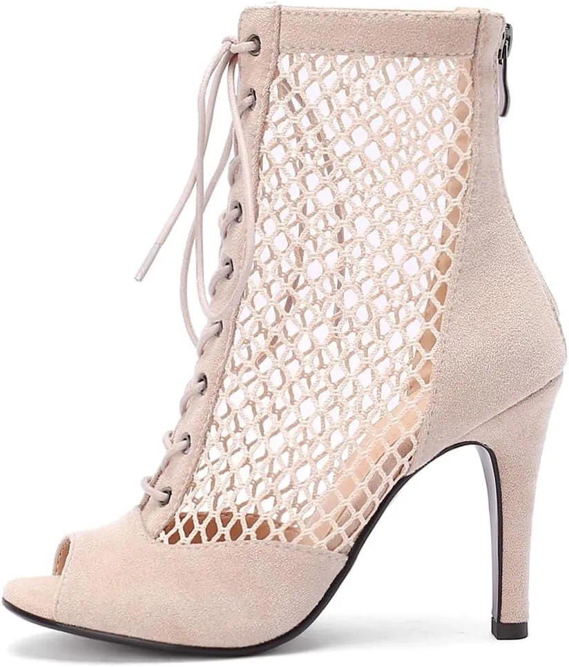 FENIKUSU Women's Ballroom Dance Shoes Peep Toe High Heel Summer Sandals Mesh Boots Plus Size Stilettos Model F4