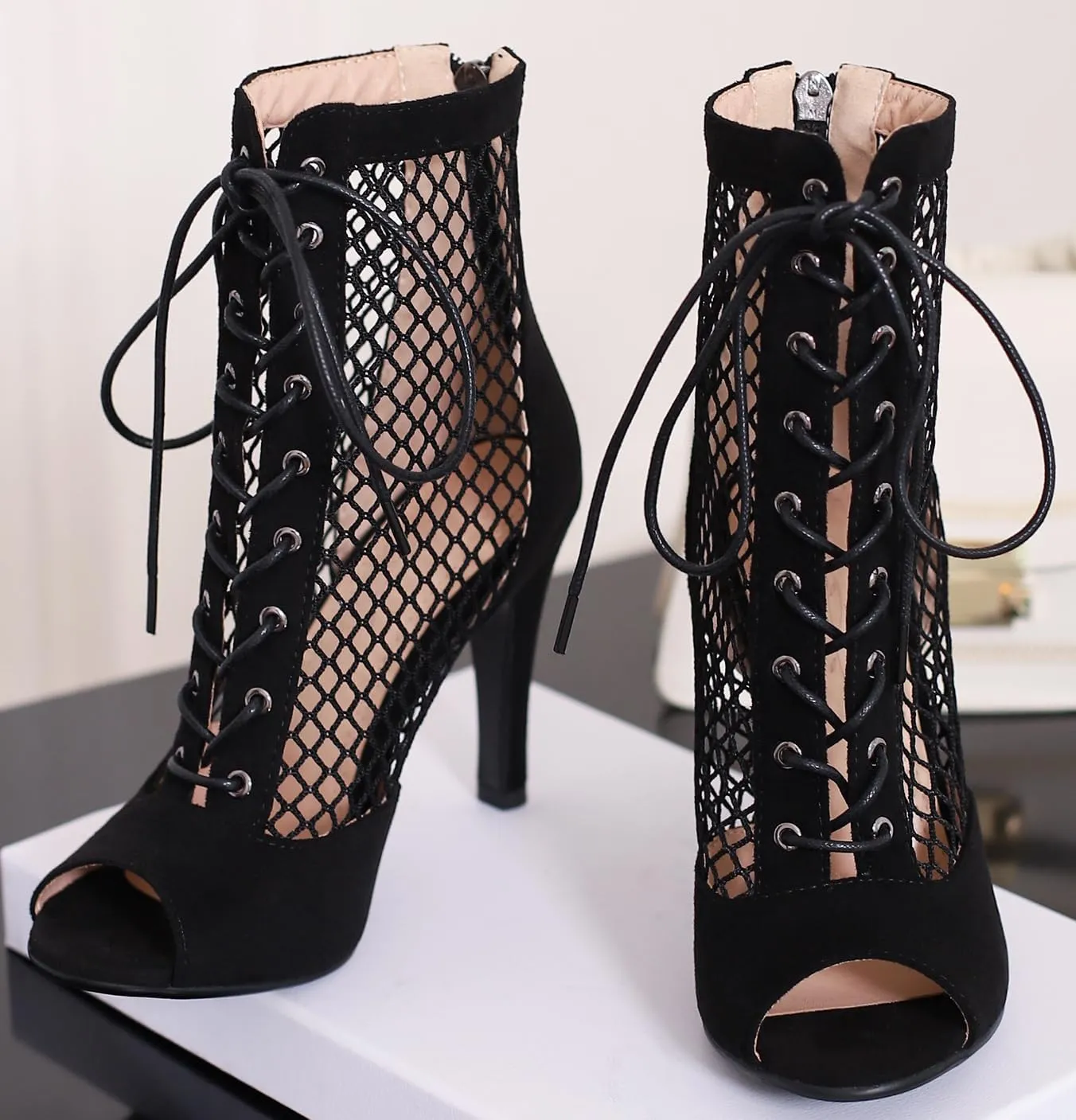 FENIKUSU Women's Ballroom Dance Shoes Peep Toe High Heel Summer Sandals Mesh Boots Plus Size Stilettos Model F4