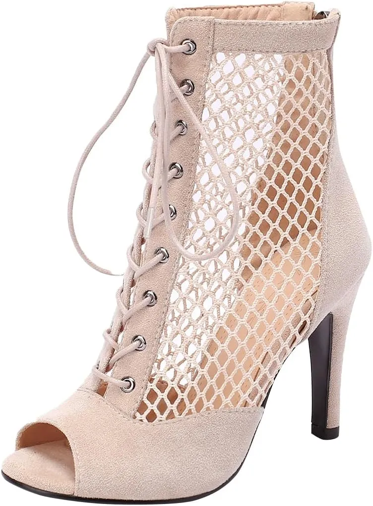 FENIKUSU Women's Ballroom Dance Shoes Peep Toe High Heel Summer Sandals Mesh Boots Plus Size Stilettos Model F4