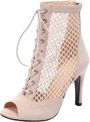 FENIKUSU Women's Ballroom Dance Shoes Peep Toe High Heel Summer Sandals Mesh Boots Plus Size Stilettos Model F4