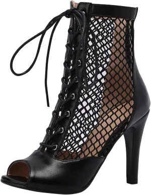 FENIKUSU Women's Ballroom Dance Shoes Peep Toe High Heel Summer Sandals Mesh Boots Plus Size Stilettos Model F4