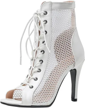FENIKUSU Women's Ballroom Dance Shoes Peep Toe High Heel Summer Sandals Mesh Boots Plus Size Stilettos Model F4