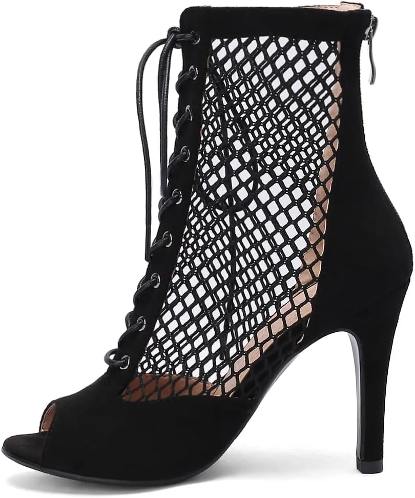 FENIKUSU Women's Ballroom Dance Shoes Peep Toe High Heel Summer Sandals Mesh Boots Plus Size Stilettos Model F4