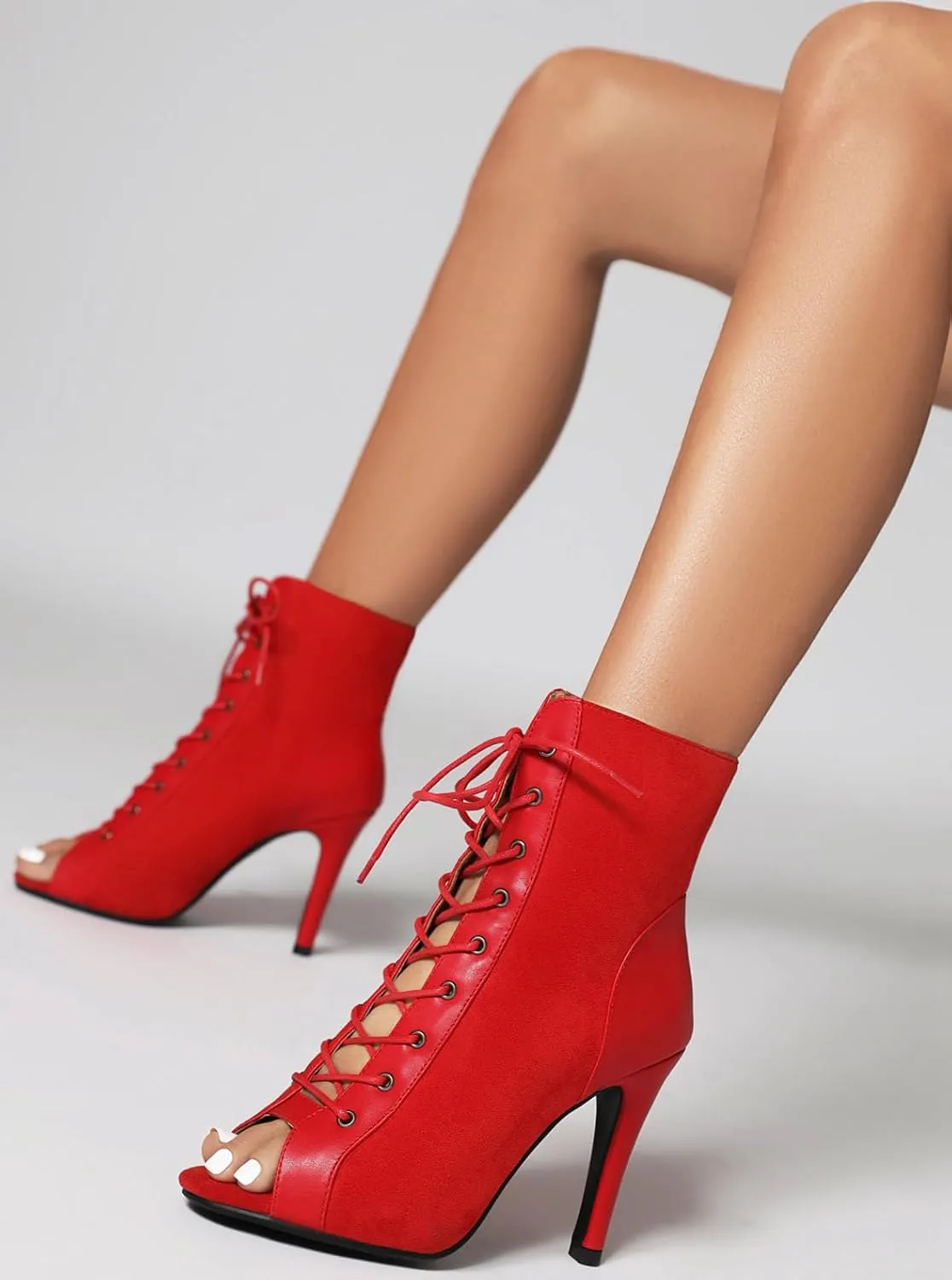 FENIKUSU Women's Ballroom Dance Shoes Peep Toe Lace-up Gladiator Stiletto Heeled Latin Salsa Boots Plus Size Model F41