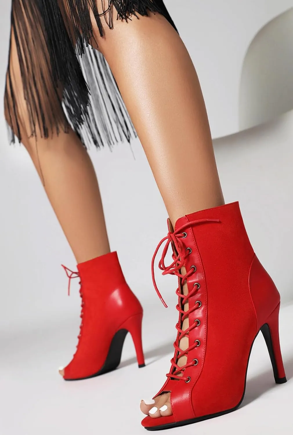 FENIKUSU Women's Ballroom Dance Shoes Peep Toe Lace-up Gladiator Stiletto Heeled Latin Salsa Boots Plus Size Model F41
