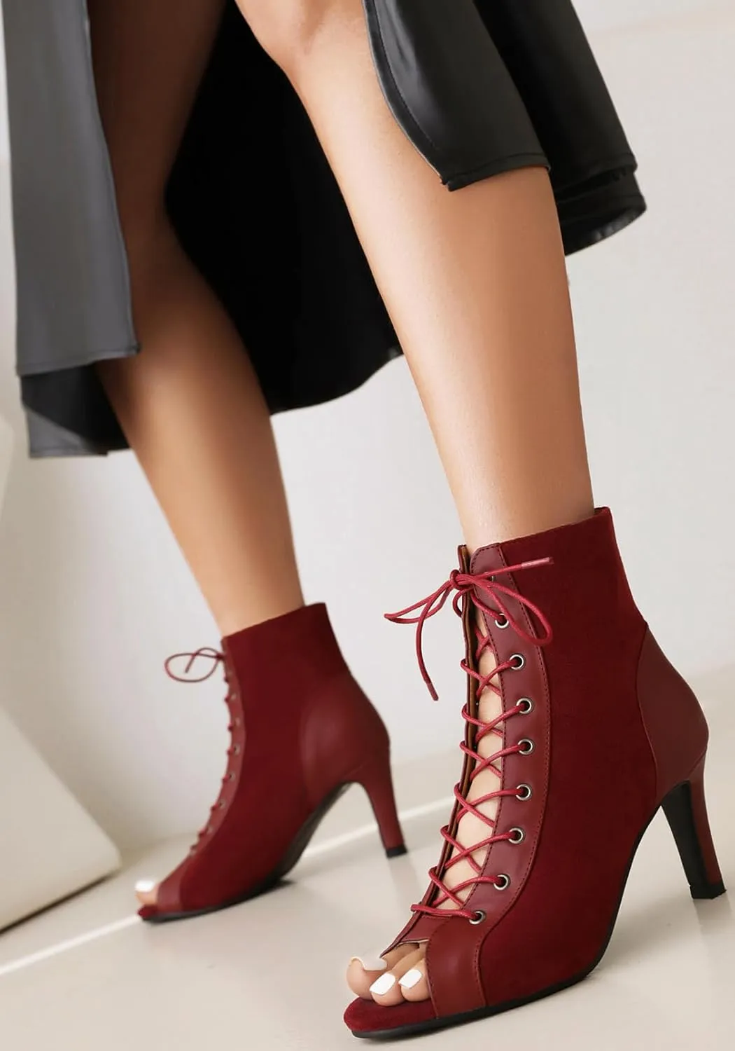 FENIKUSU Women's Ballroom Dance Shoes Peep Toe Lace-up Gladiator Stiletto Heeled Latin Salsa Boots Plus Size Model F41