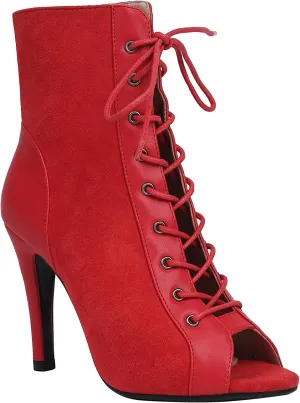 FENIKUSU Women's Ballroom Dance Shoes Peep Toe Lace-up Gladiator Stiletto Heeled Latin Salsa Boots Plus Size Model F41