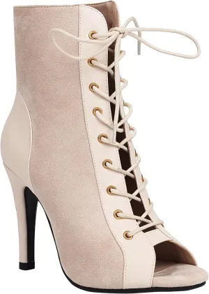 FENIKUSU Women's Ballroom Dance Shoes Peep Toe Lace-up Gladiator Stiletto Heeled Latin Salsa Boots Plus Size Model F41