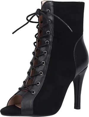 FENIKUSU Women's Ballroom Dance Shoes Peep Toe Lace-up Gladiator Stiletto Heeled Latin Salsa Boots Plus Size Model F41