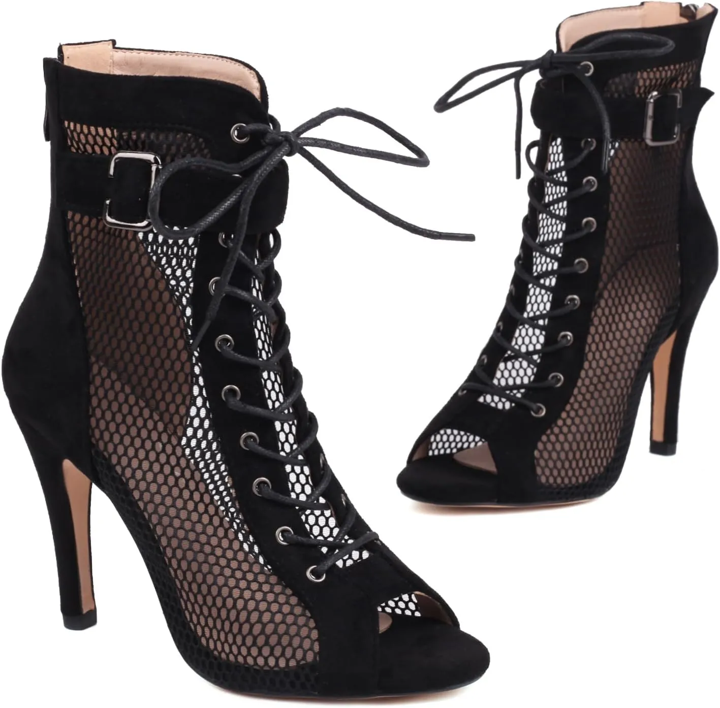 FENIKUSU Women's Peep Toe Dance Shoes for Ballroom High Heels Mesh Boots Stilettos Sandals Model F46