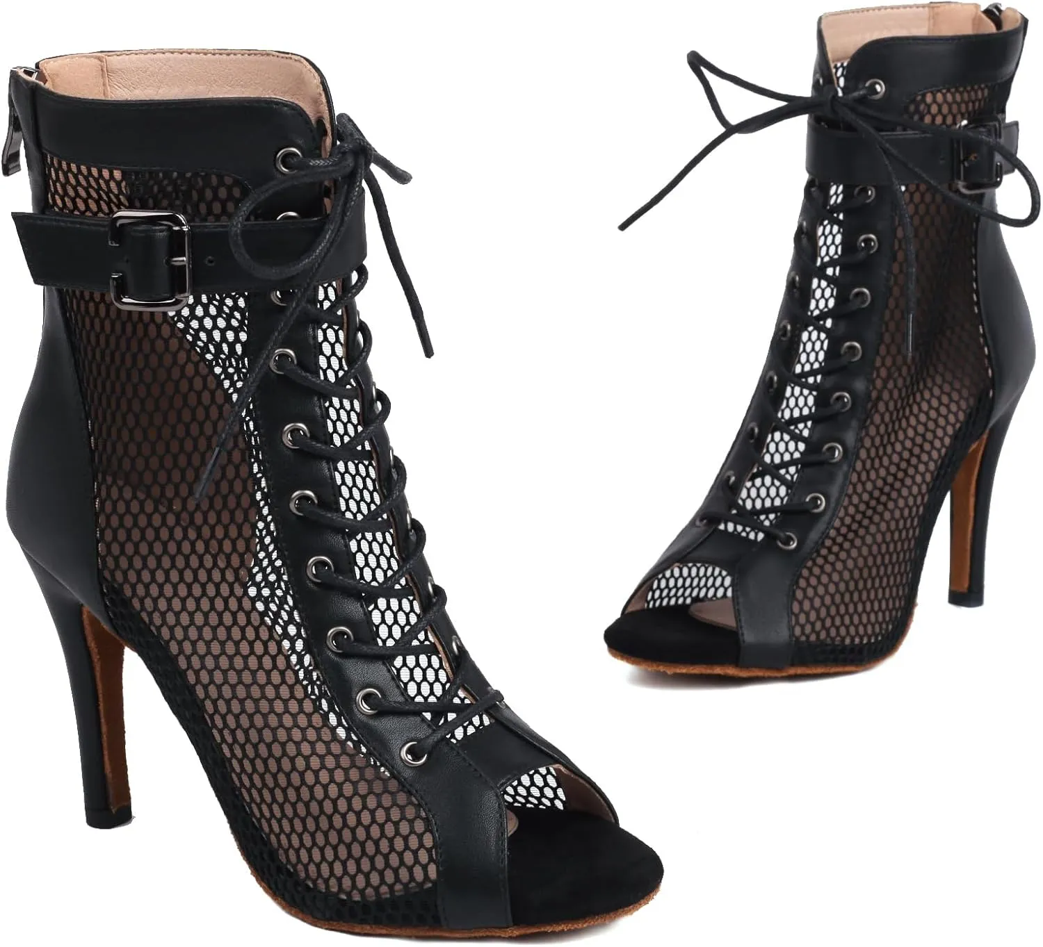 FENIKUSU Women's Peep Toe Dance Shoes for Ballroom High Heels Mesh Boots Stilettos Sandals Model F46