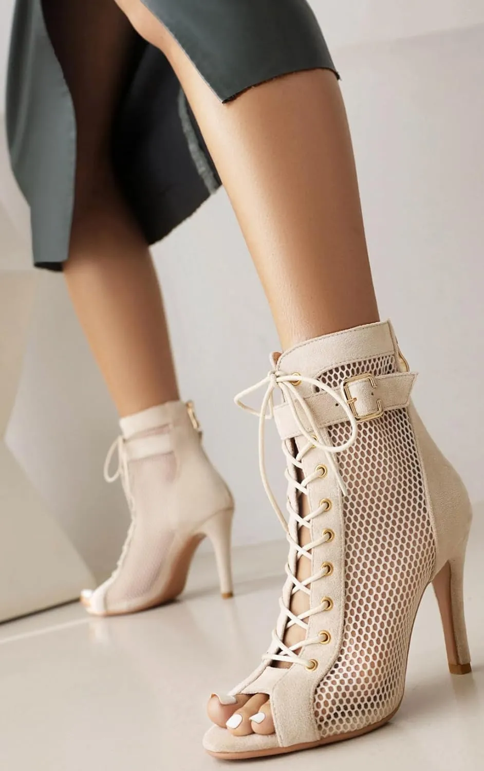 FENIKUSU Women's Peep Toe Dance Shoes for Ballroom High Heels Mesh Boots Stilettos Sandals Model F46