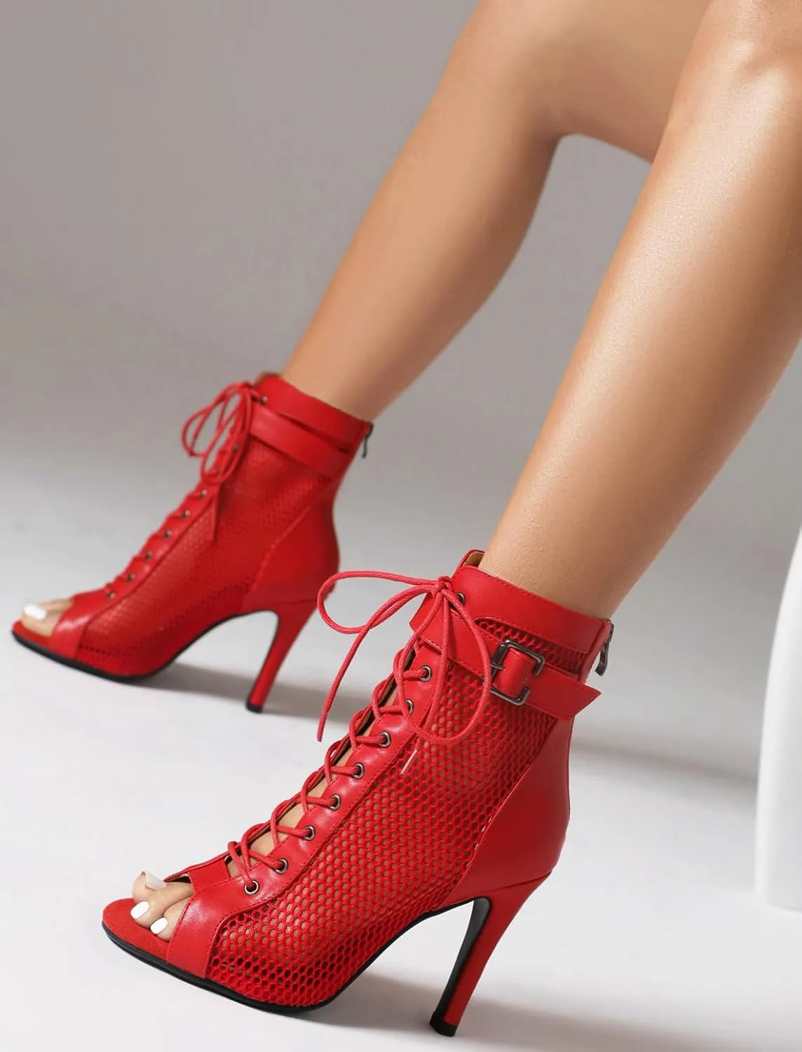FENIKUSU Women's Peep Toe Dance Shoes for Ballroom High Heels Mesh Boots Stilettos Sandals Model F46