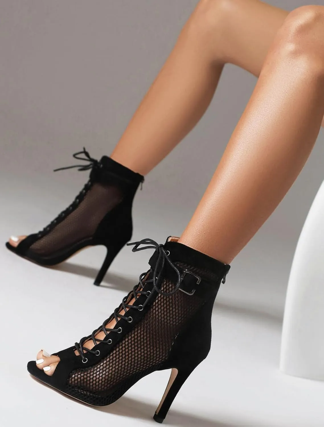 FENIKUSU Women's Peep Toe Dance Shoes for Ballroom High Heels Mesh Boots Stilettos Sandals Model F46
