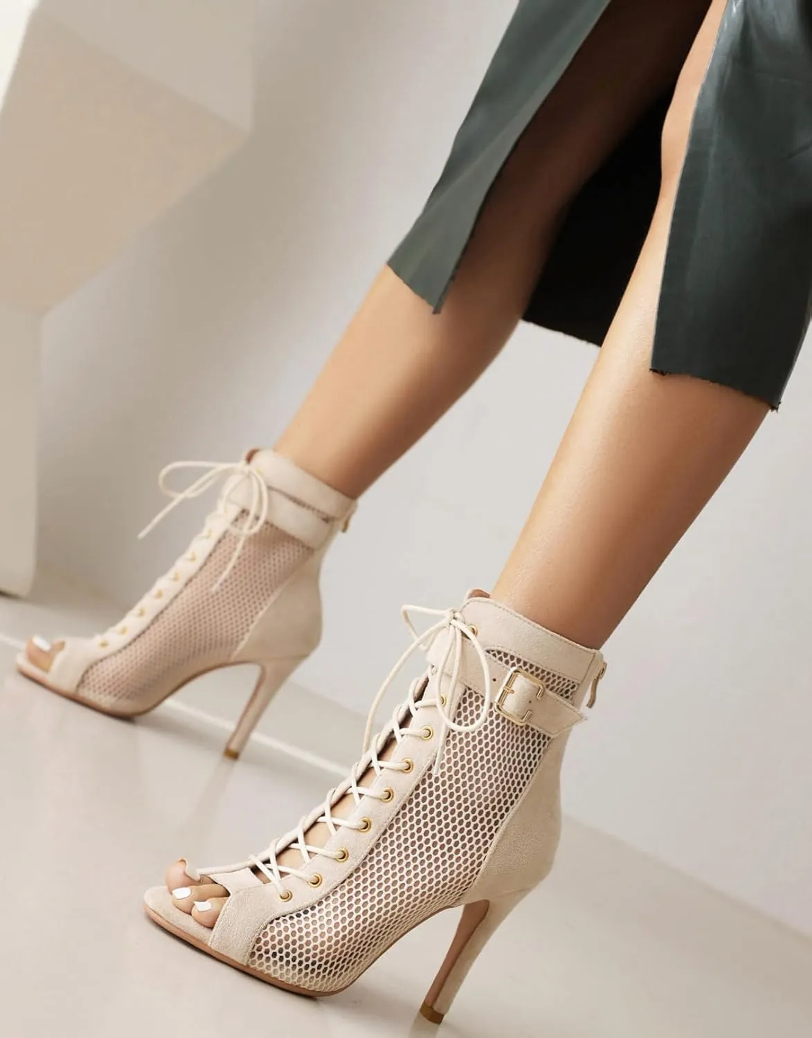 FENIKUSU Women's Peep Toe Dance Shoes for Ballroom High Heels Mesh Boots Stilettos Sandals Model F46
