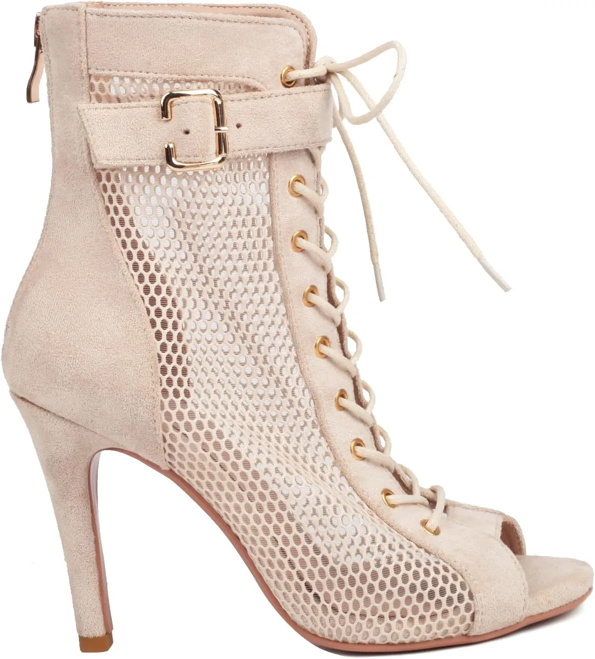 FENIKUSU Women's Peep Toe Dance Shoes for Ballroom High Heels Mesh Boots Stilettos Sandals Model F46
