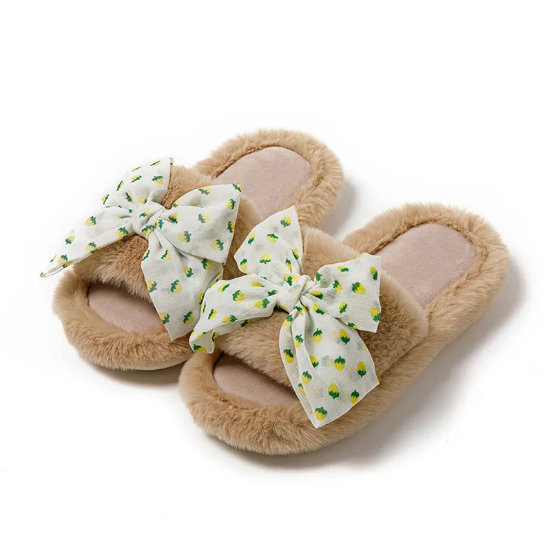 Fur Slippers with Bow for Women