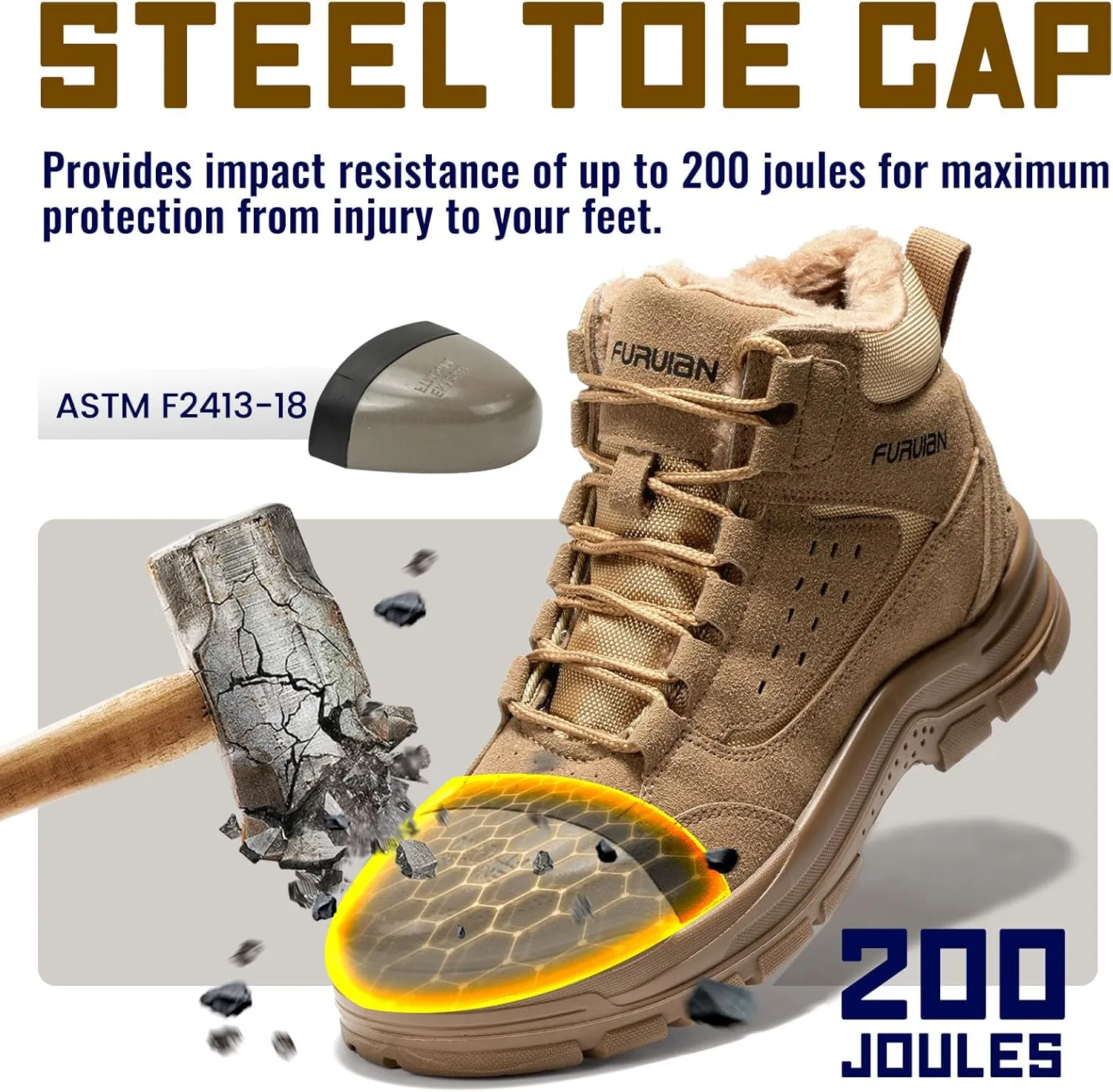 Furuian Winter Steel Toe Boots for Men - Insulated Safety Toe Work Shoes, Breathable Mid Top Tactical Boots for Industry Construction Safety