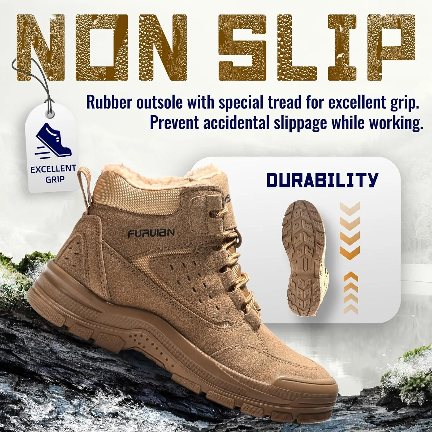 Furuian Winter Steel Toe Boots for Men - Insulated Safety Toe Work Shoes, Breathable Mid Top Tactical Boots for Industry Construction Safety