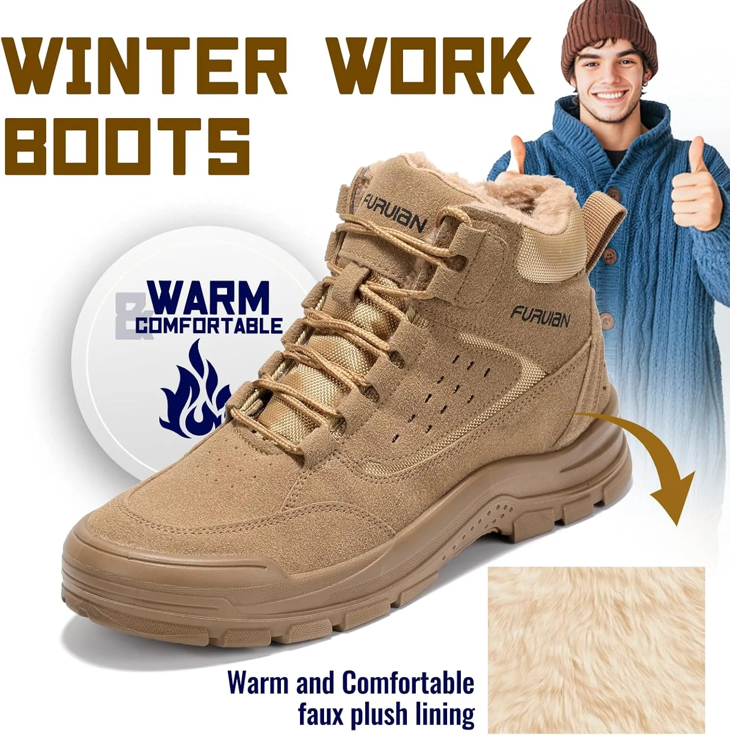 Furuian Winter Steel Toe Boots for Men - Insulated Safety Toe Work Shoes, Breathable Mid Top Tactical Boots for Industry Construction Safety