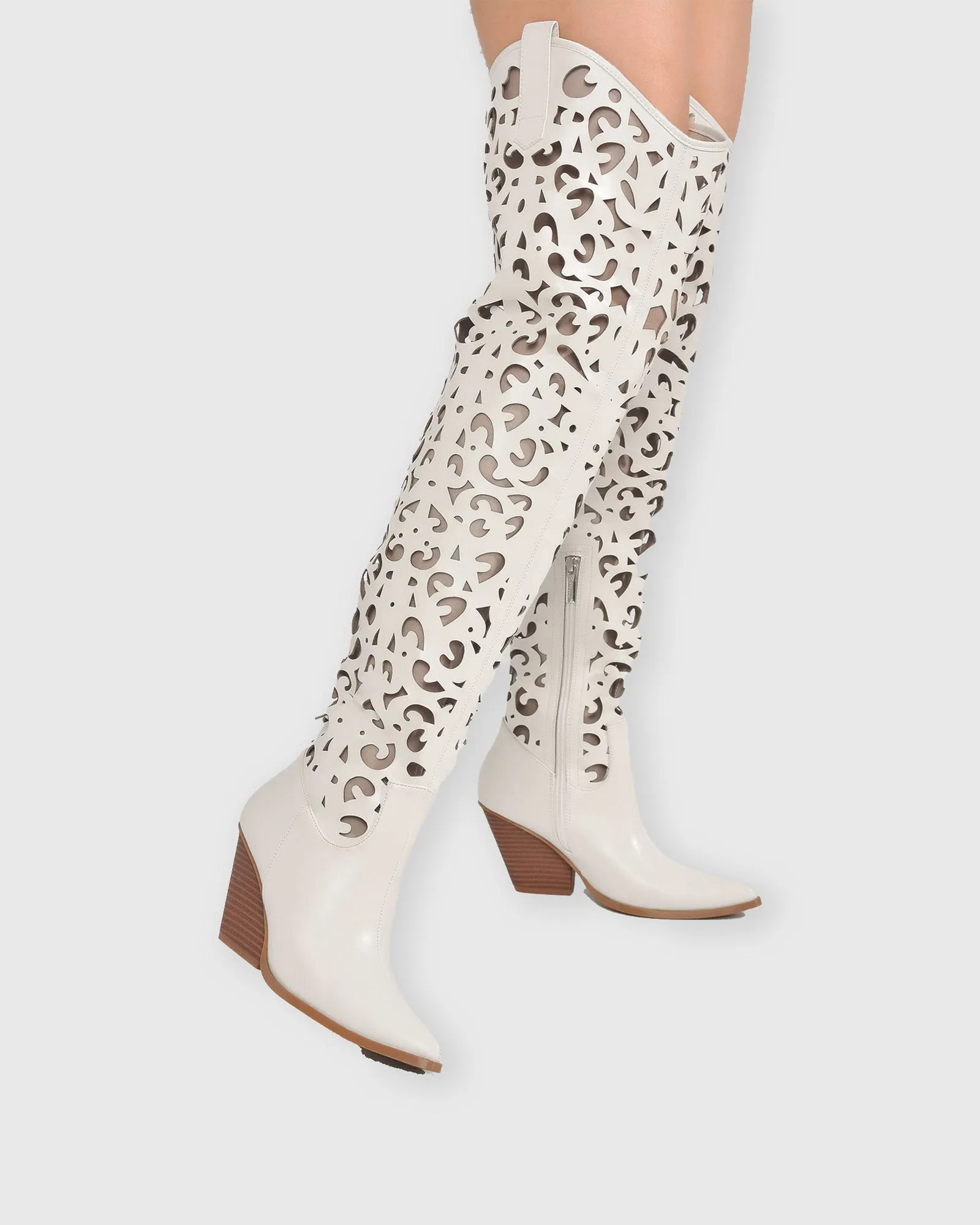 Gemma Cutout Knee High Boots In White