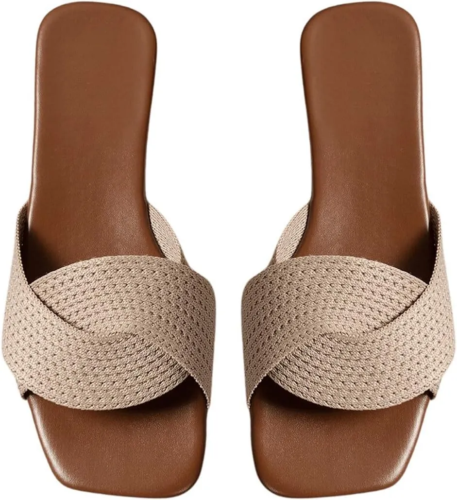 GORGLITTER Women's Crochet Flat Sandals Crossover Square Open Toe Comfortable Slip On Slide Sandals Khaki 7