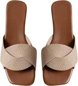 GORGLITTER Women's Crochet Flat Sandals Crossover Square Open Toe Comfortable Slip On Slide Sandals Khaki 7