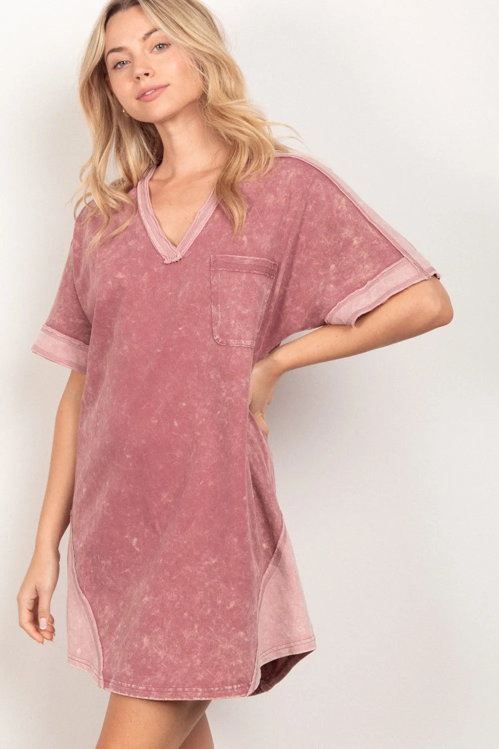 Haizea - Short Sleeve V-Neck Tee Dress - Mauve - Exclusively Online