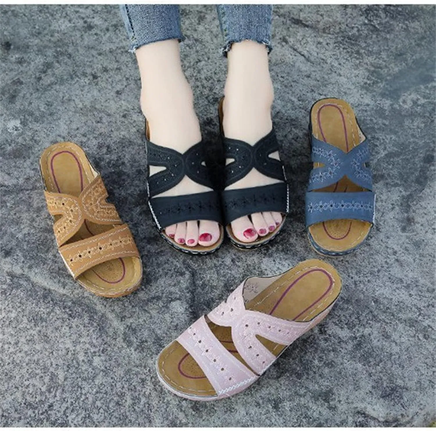 Ladmiple Sandals Women Wedge Low Heel Comfortable Walking Orthopedic Flip Flops Summer Orthotic Slides with Arch Support
