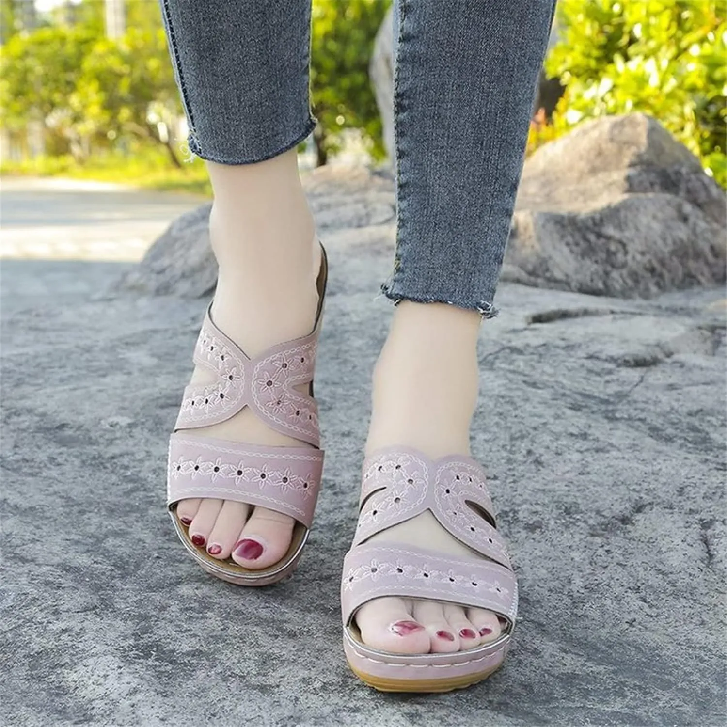 Ladmiple Sandals Women Wedge Low Heel Comfortable Walking Orthopedic Flip Flops Summer Orthotic Slides with Arch Support