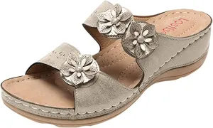 Ladmiple Womens Casual Summer Flower Orthopedic Wedge Flip Flops Arch Support Beach Roman Open Toe Slip On Slipper Shoes