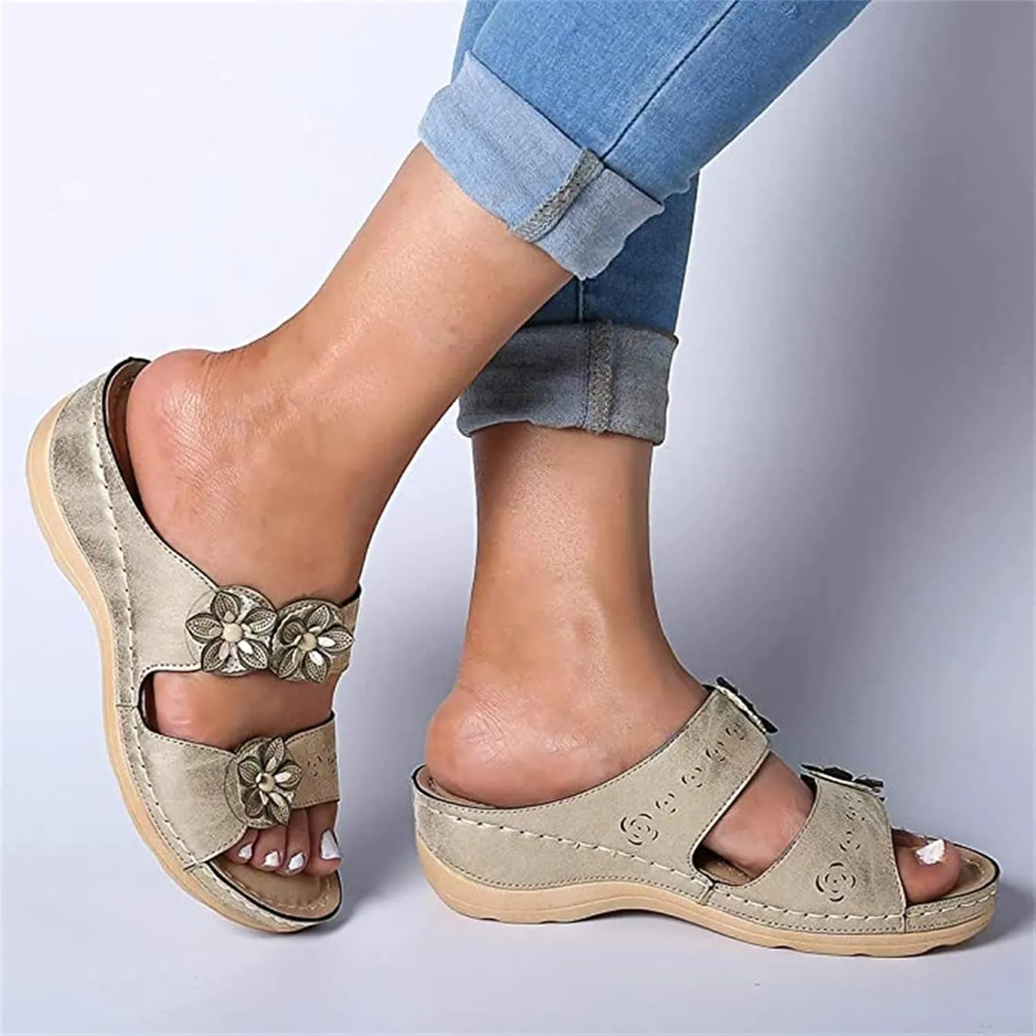 Ladmiple Womens Casual Summer Flower Orthopedic Wedge Flip Flops Arch Support Beach Roman Open Toe Slip On Slipper Shoes