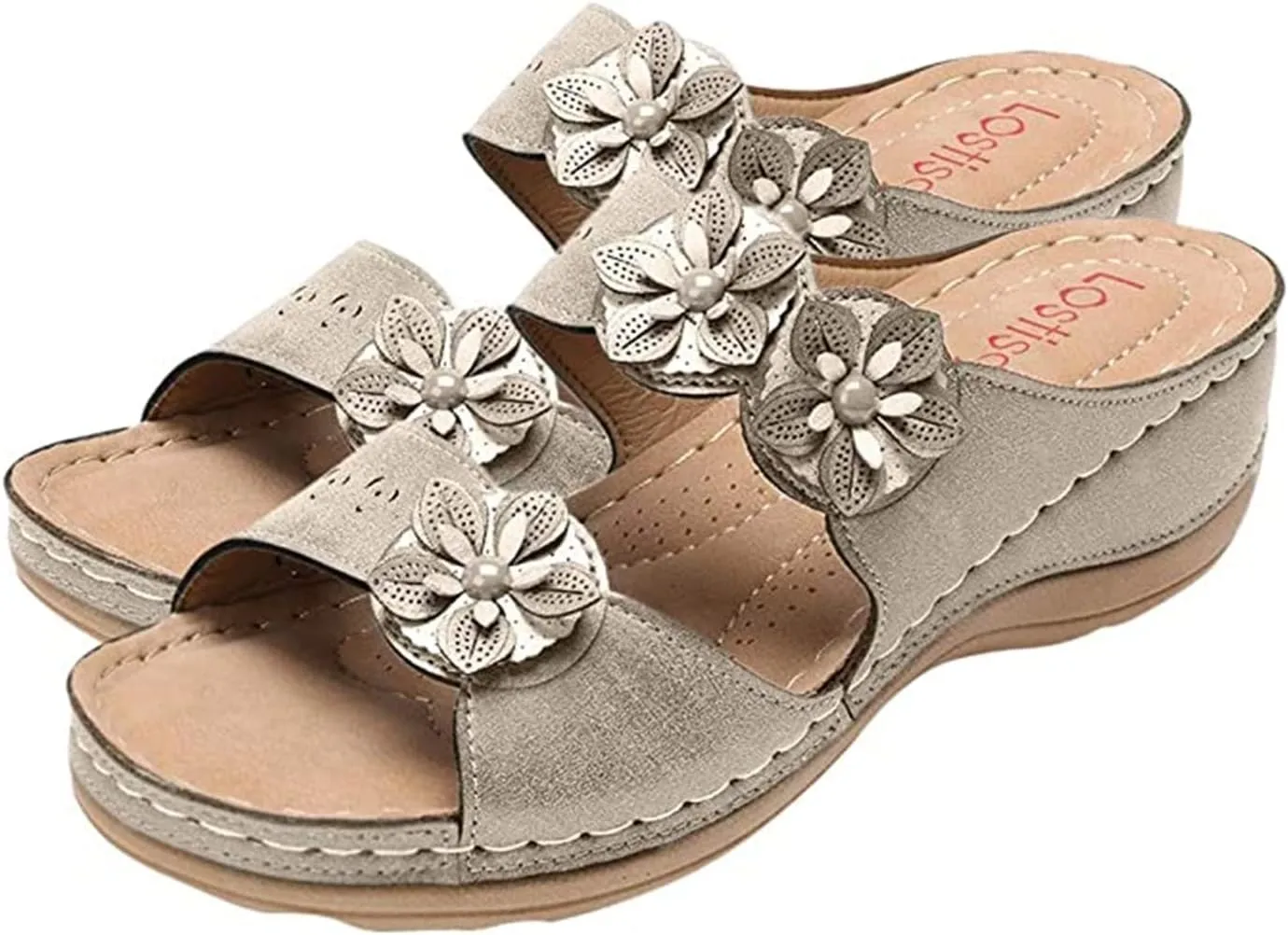 Ladmiple Womens Casual Summer Flower Orthopedic Wedge Flip Flops Arch Support Beach Roman Open Toe Slip On Slipper Shoes