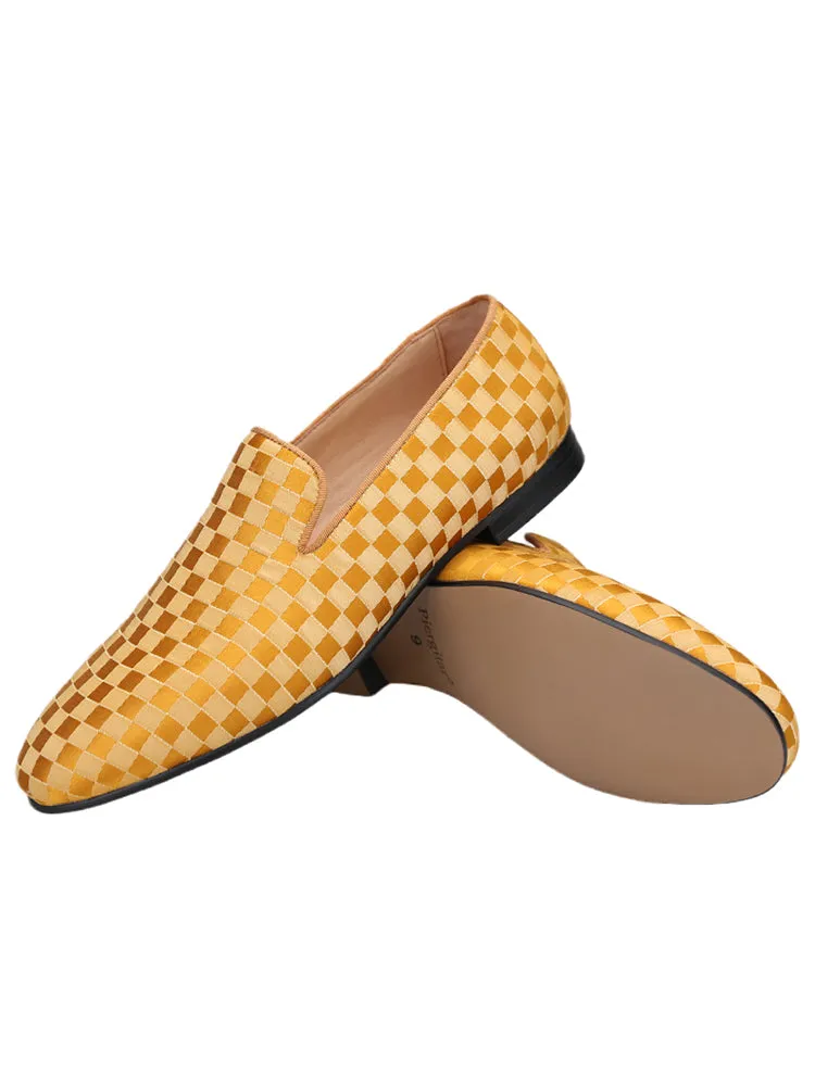 Luxurious checkerboard satin fabric men's slip-on smoking shoes European and American style handmade loafers slip-on yuppie shoes for men