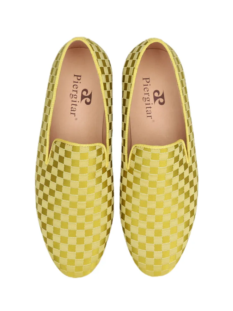 Luxurious checkerboard satin fabric men's slip-on smoking shoes European and American style handmade loafers slip-on yuppie shoes for men