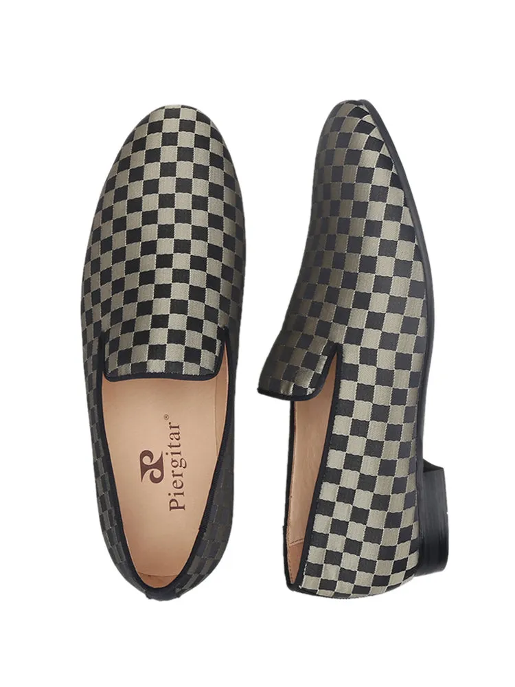Luxurious checkerboard satin fabric men's slip-on smoking shoes European and American style handmade loafers slip-on yuppie shoes for men