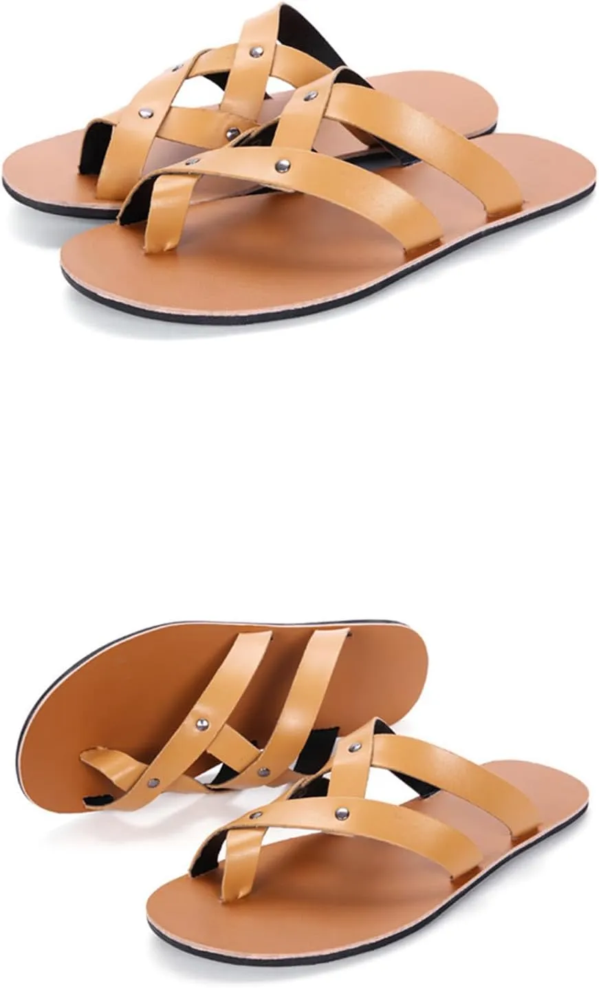 Men's Leather Toe Ring Flat Roman Sandals Fashion Breathable Round Open Toe Cross Strap Slip-On Clip-Toe Non-Slip Beach Sandals Comfortable Walking Flat Sandals
