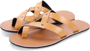 Men's Leather Toe Ring Flat Roman Sandals Fashion Breathable Round Open Toe Cross Strap Slip-On Clip-Toe Non-Slip Beach Sandals Comfortable Walking Flat Sandals