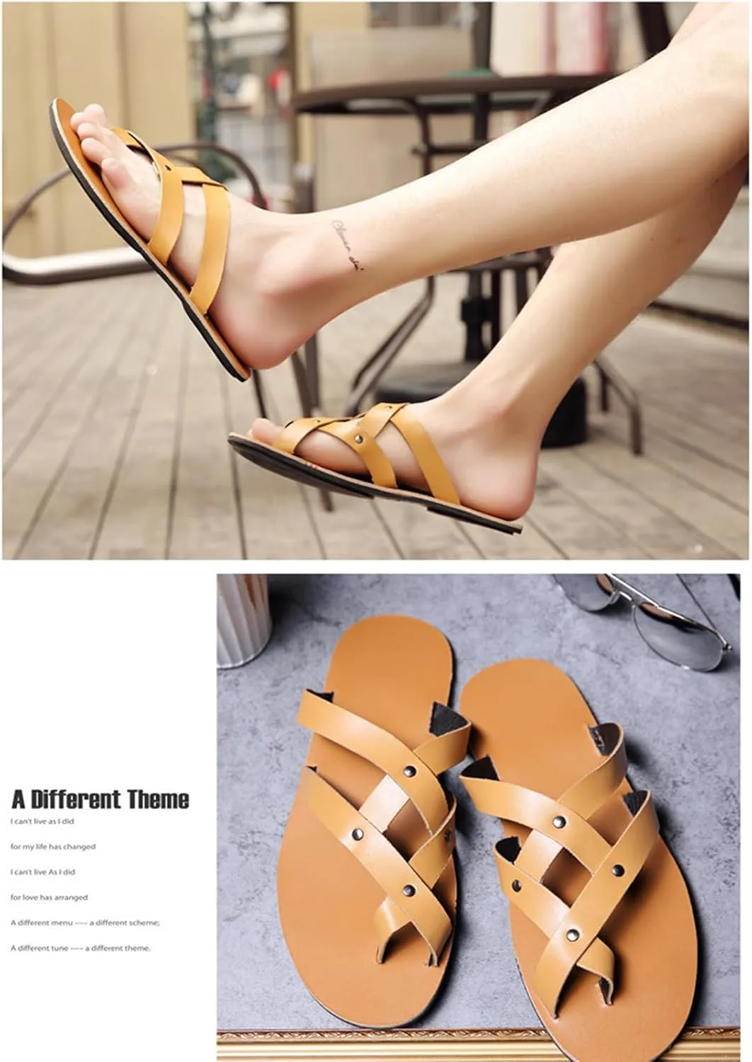 Men's Leather Toe Ring Flat Roman Sandals Fashion Breathable Round Open Toe Cross Strap Slip-On Clip-Toe Non-Slip Beach Sandals Comfortable Walking Flat Sandals