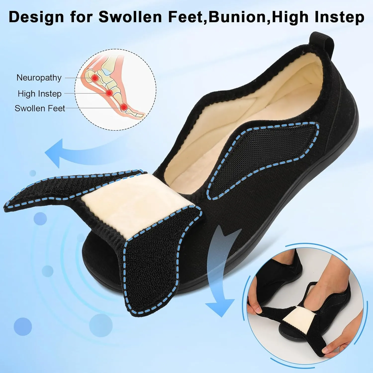 Mens Wide Slippers Comfy Diabetic Orthopedic Shoes Adjustable House Slippers Swollen Feet Walking Shoes