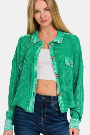 Modern Green Waffle-Knit Button Up Shirt