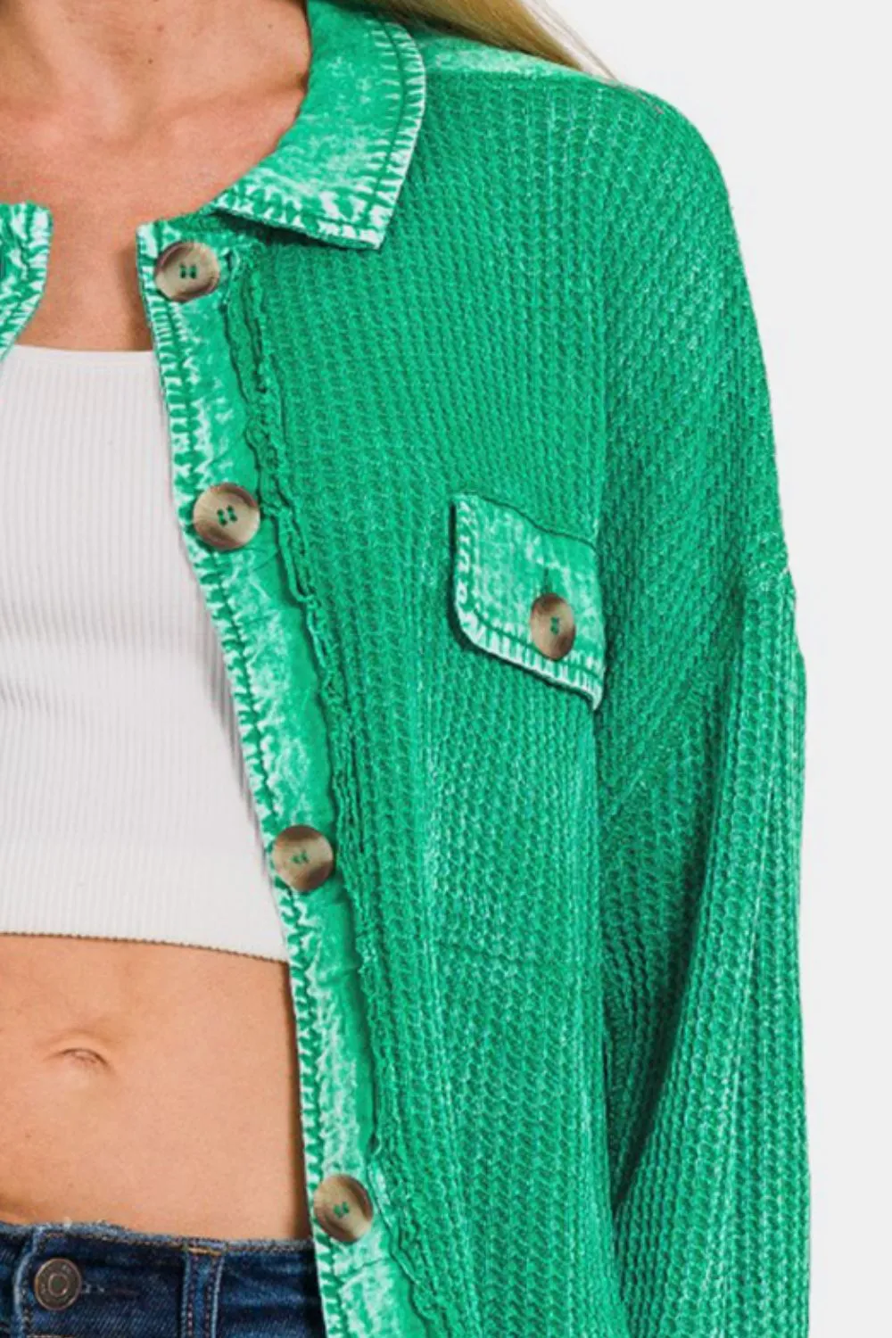 Modern Green Waffle-Knit Button Up Shirt