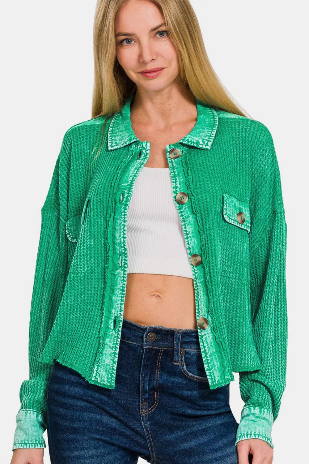 Modern Green Waffle-Knit Button Up Shirt