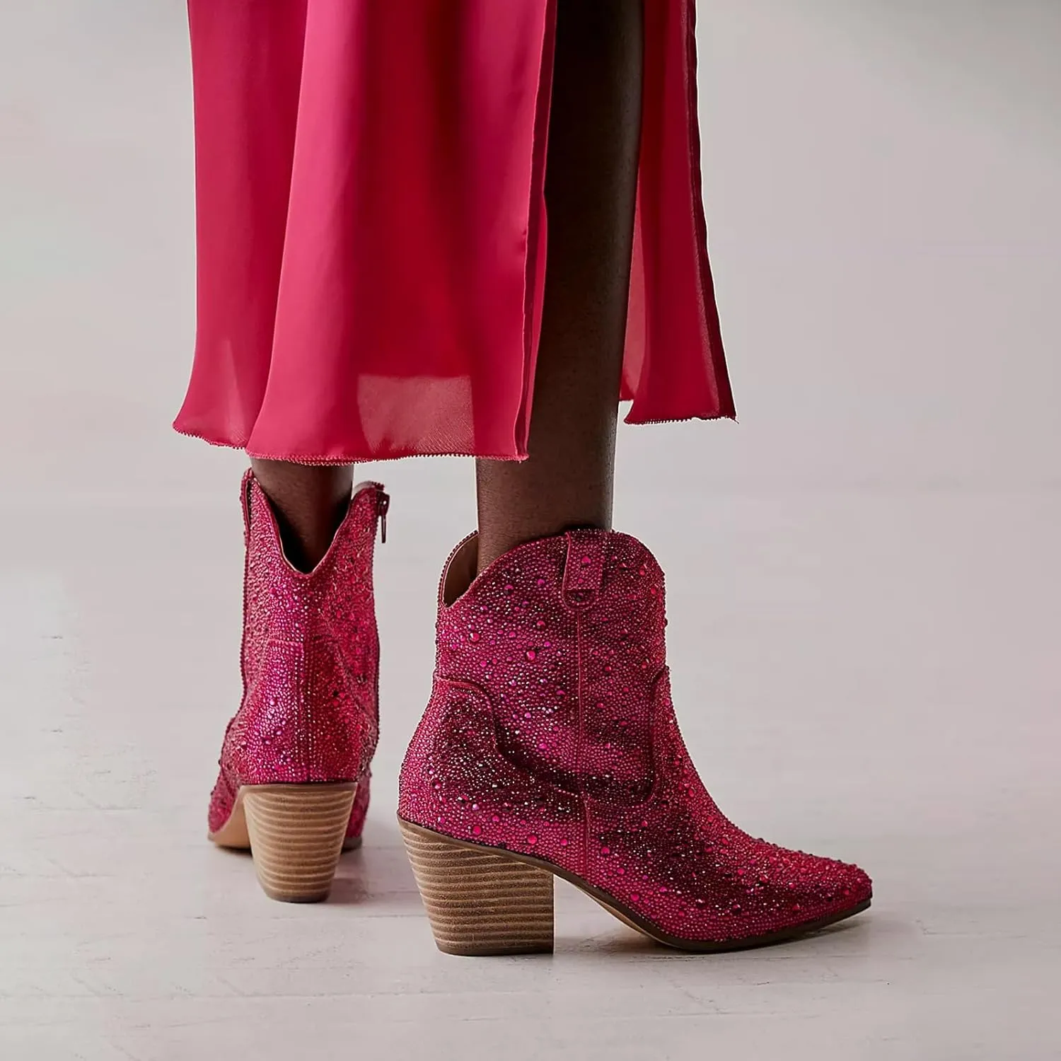 MUCCCUTE Women's Rhinestone Mid Calf Boots Sparkly Block Heel Cowboy Boots Glitter Boots