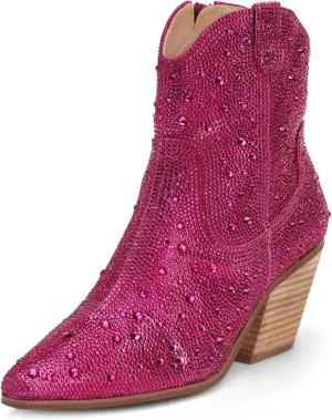 MUCCCUTE Women's Rhinestone Mid Calf Boots Sparkly Block Heel Cowboy Boots Glitter Boots