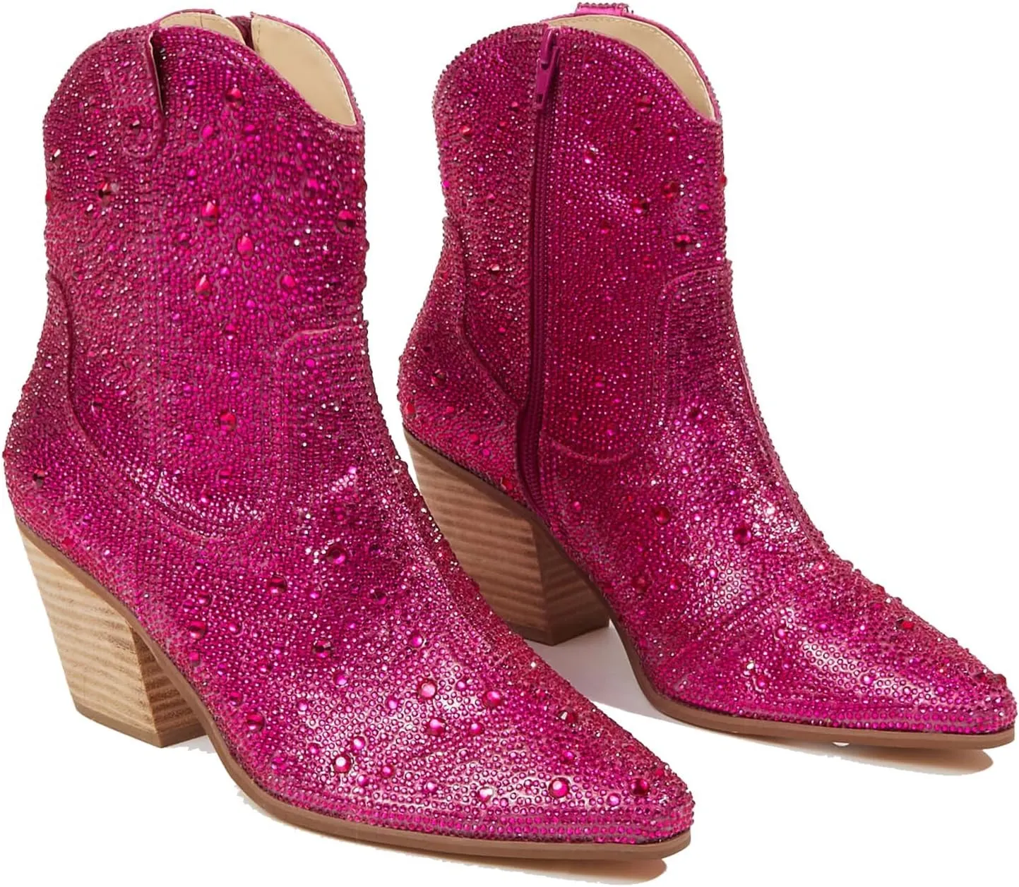 MUCCCUTE Women's Rhinestone Mid Calf Boots Sparkly Block Heel Cowboy Boots Glitter Boots