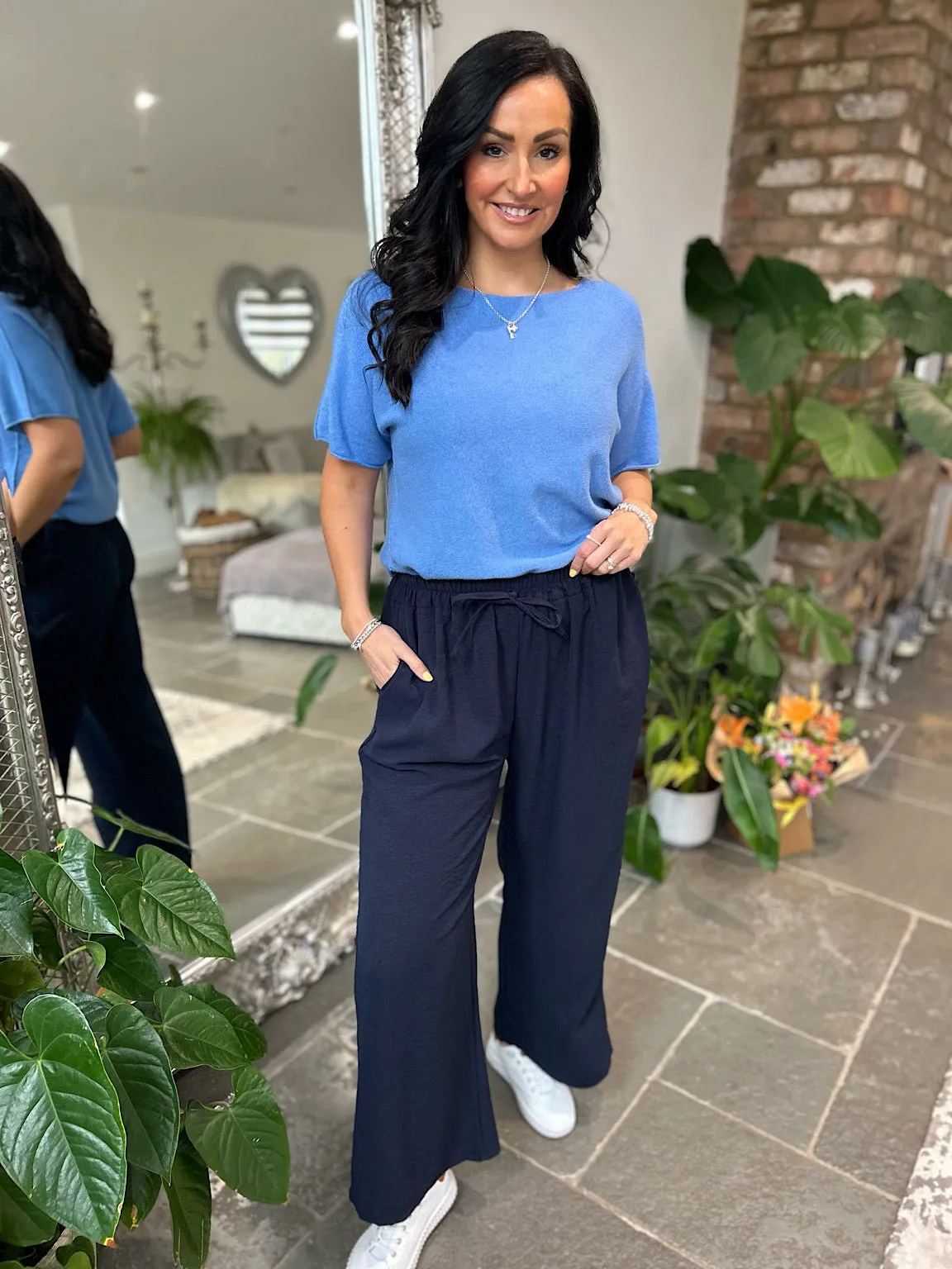 Navy Wide Leg Pocket Trousers Claudia
