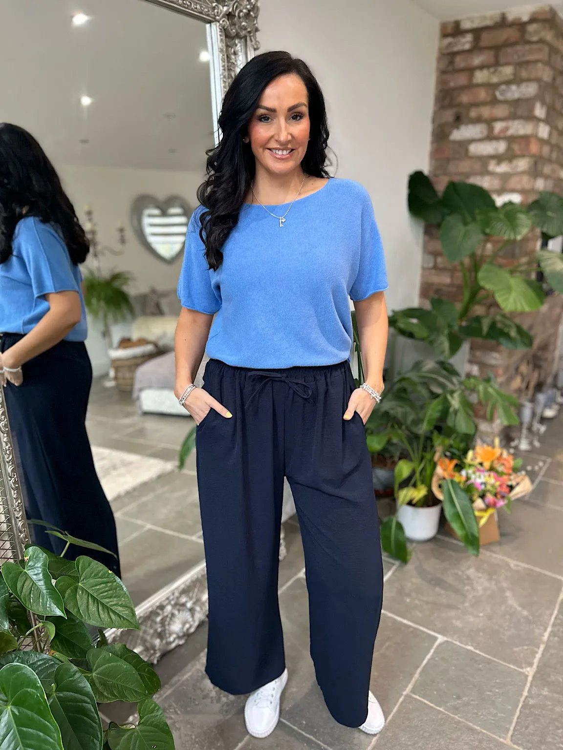 Navy Wide Leg Pocket Trousers Claudia