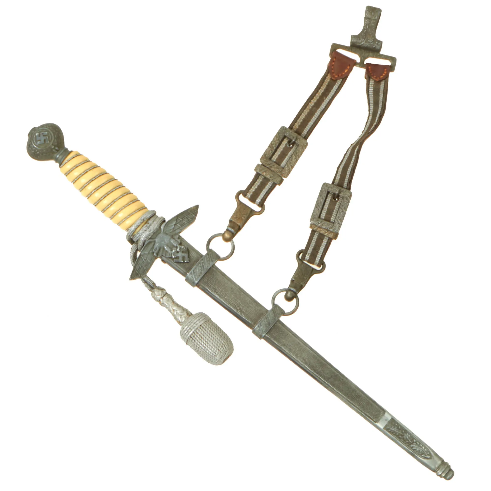 Original WWII German 2nd Model Luftwaffe Dagger with Scabbard, Hanger & Portepee - Excellent Unmarked Blade